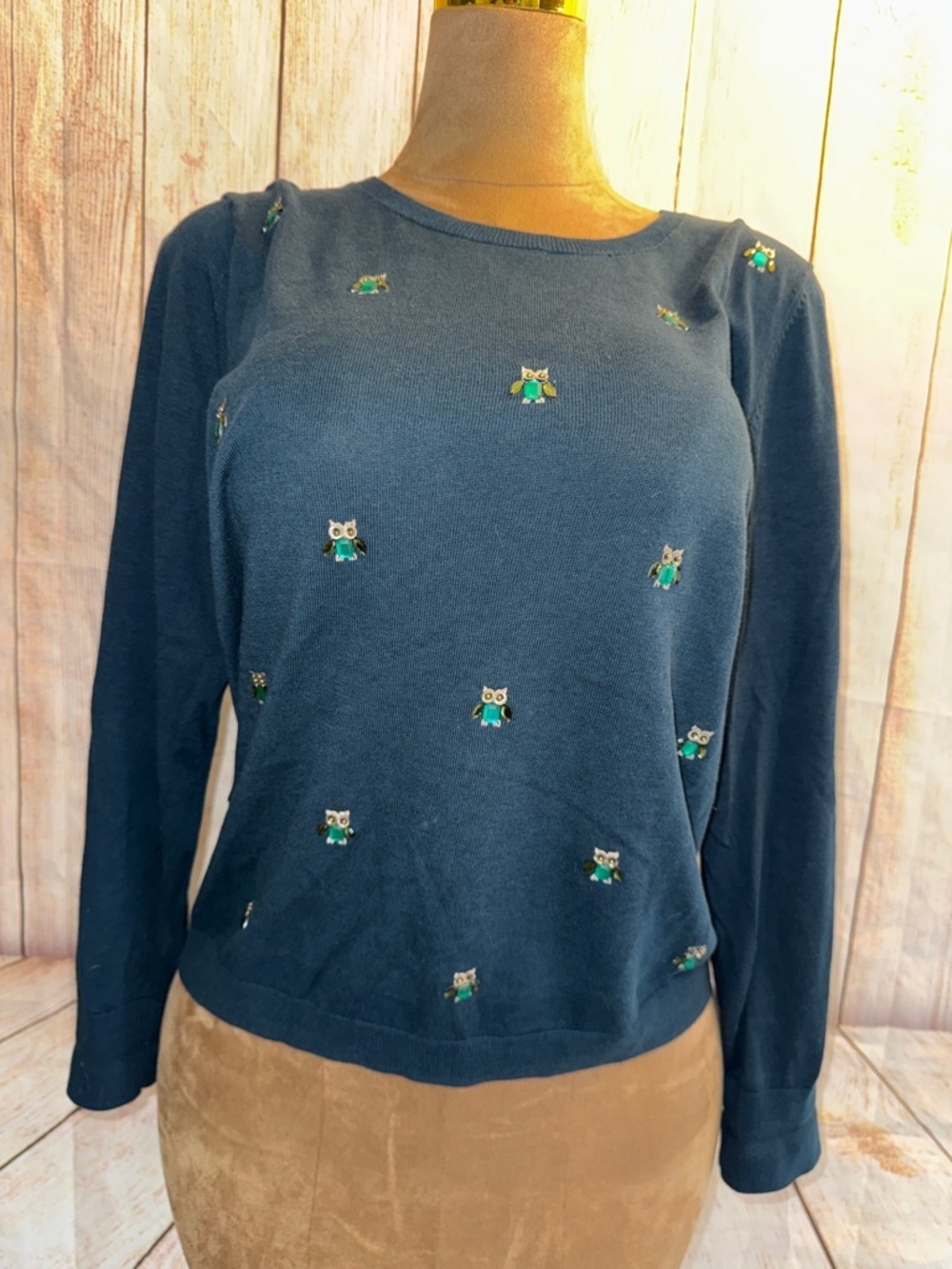 Talbots Blue Crewneck Sweater with rhinestone jewel owls, lightweight sz XL​​